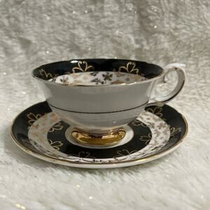 Royal Grafton Black and Gold Teacup Saucer Center Roses Bone‎ China England
